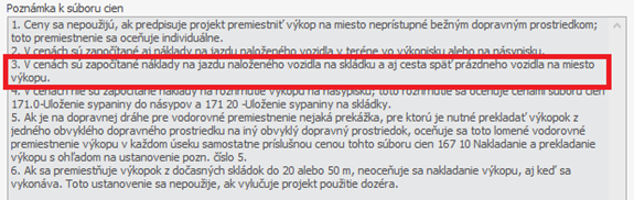 Ukážka Poznámky K Súboru Cien Vodorovného Premiestnenia Výkopku Poznámka k súboru cien v programe Rozpočty a kalkulácie CENKROS 4 so zvýrazneným bodom č. 3 o ceste späť prázdneho vozidla